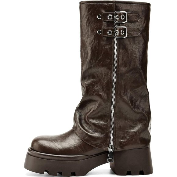 Women's Brown Chunky Slouchy Fold Over Wide Calf Fashion Buckle Knee High Boots - Picture 4 of 5